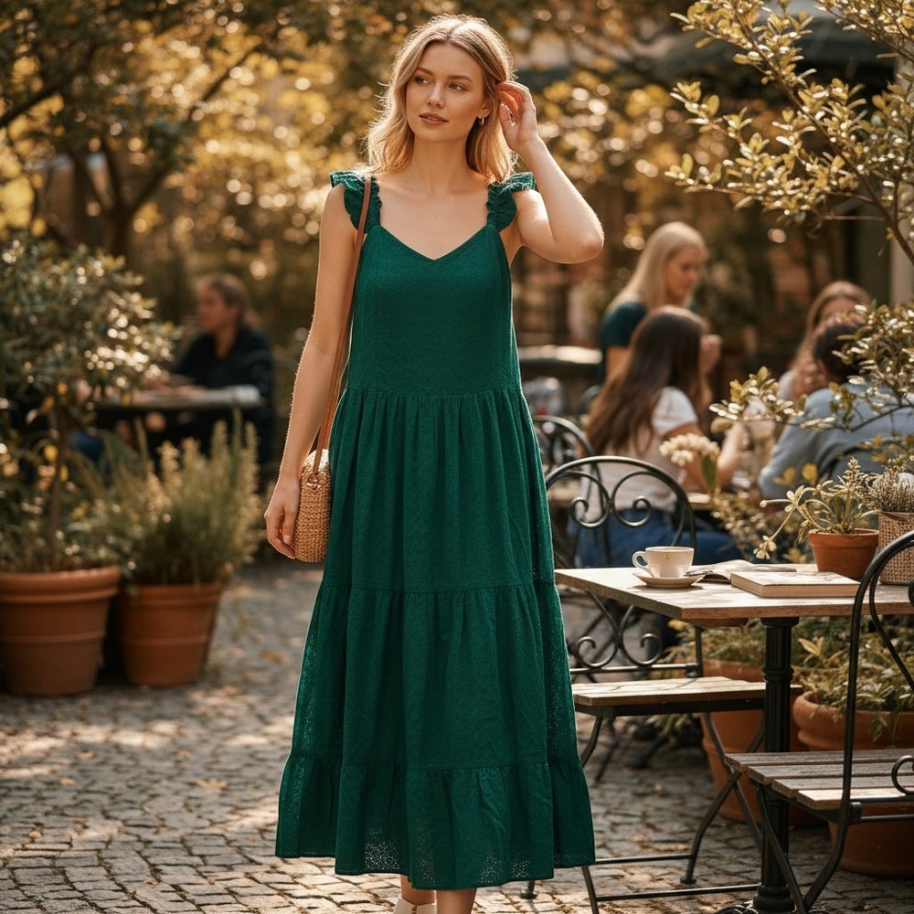 The Drop Green Eyelet Tiered Maxi Dress Ruffle Strap Back Tie 2X Cotton